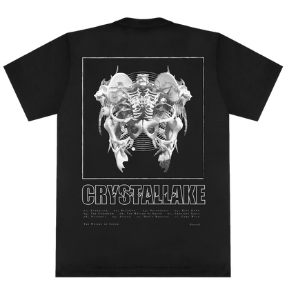 Black t-shirt by Crystal Lake, crafted from premium American Apparel clothing, featuring a surreal grayscale skeletal design with the word "Crystal Lake" below the image. The printed garment is finished with a list of song titles or words in smaller text at the bottom, combining unique style with comfort.