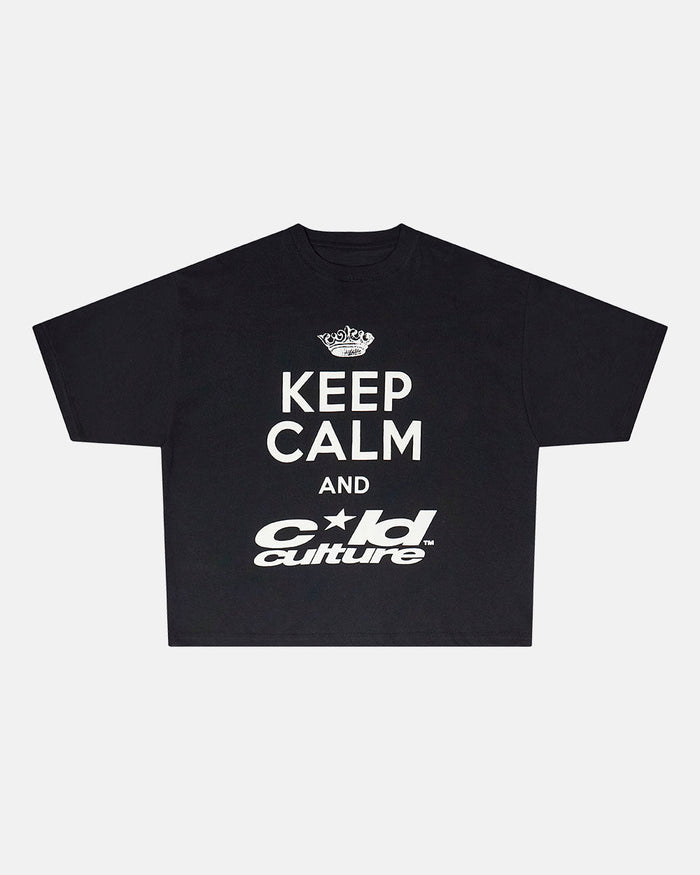 KEEP CALM TEE BLACK - black graphic print tee, front view - Cold Culture
