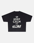 KEEP CALM TEE BLACK - black graphic print tee, front view - Cold Culture