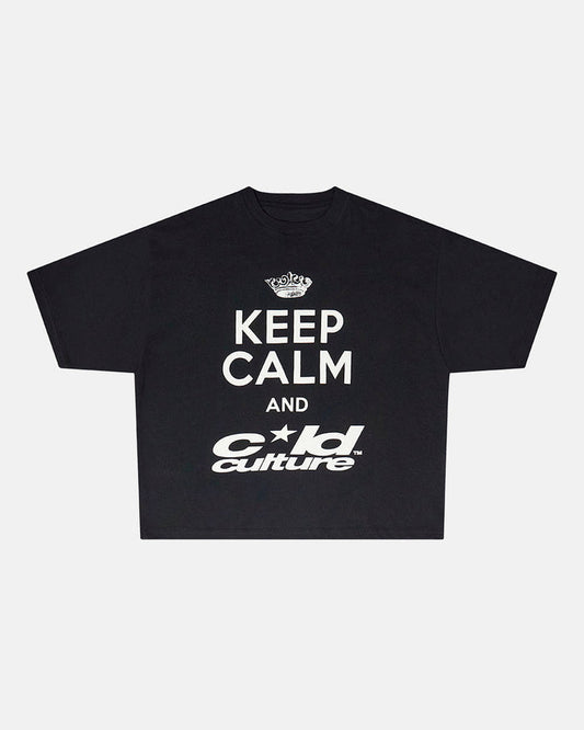 KEEP CALM TEE BLACK - black graphic print tee, front view - Cold Culture
