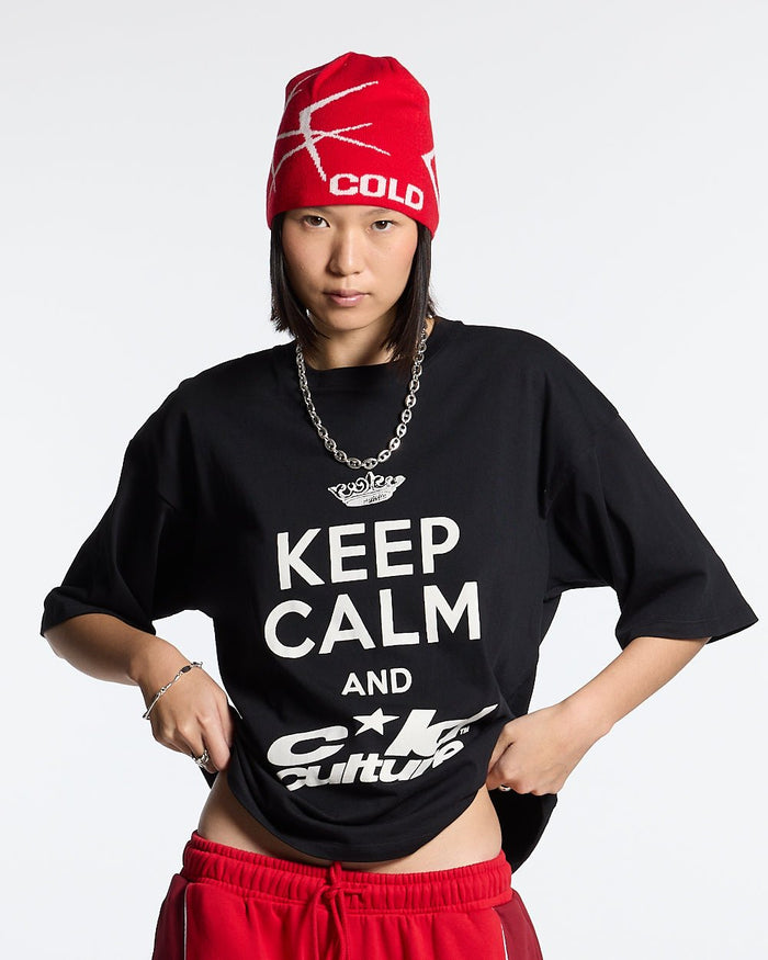 KEEP CALM TEE BLACK - black graphic print tee, front view on female model - Cold Culture #woman