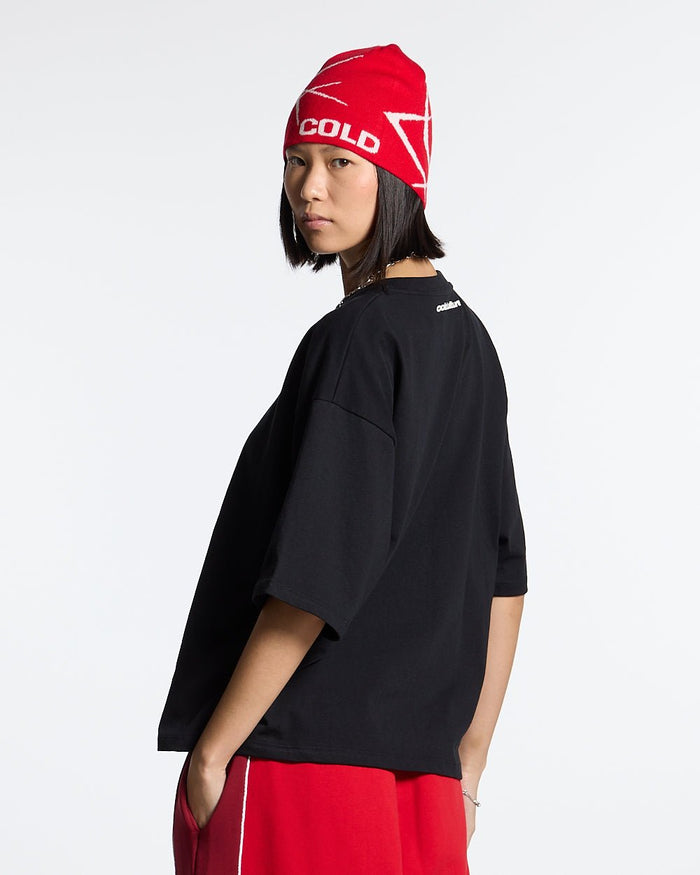 KEEP CALM TEE BLACK - black graphic print tee, back view on female model - Cold Culture #woman