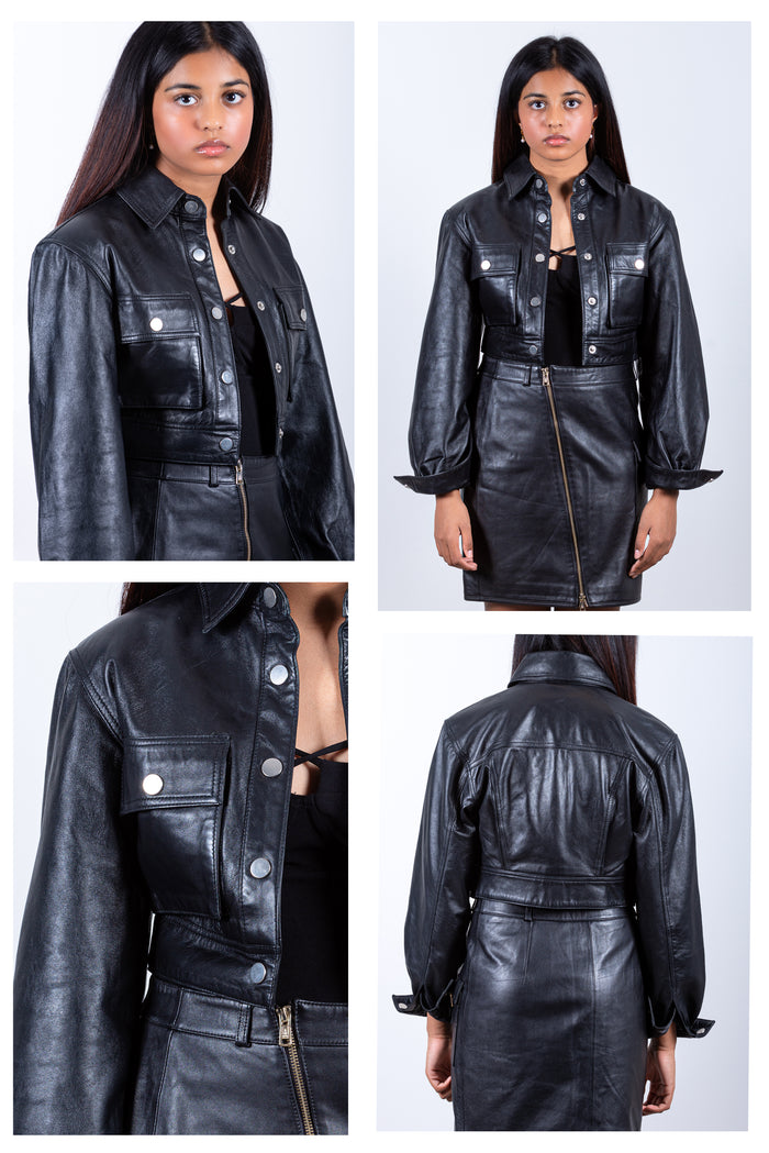 Kia crop Leather jacket-Black