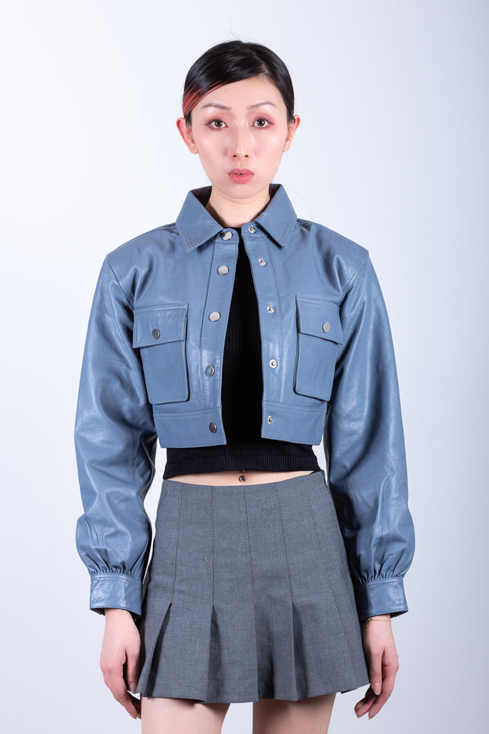 Kia crop Leather jacket-Black