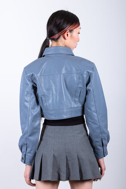 Kia crop Leather jacket-Black