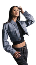 Kia crop Leather jacket-Grey