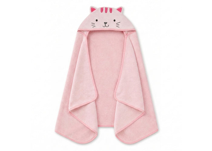 Pink hooded towel with cat design on a white background