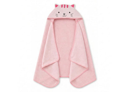 Pink hooded towel with cat design on a white background