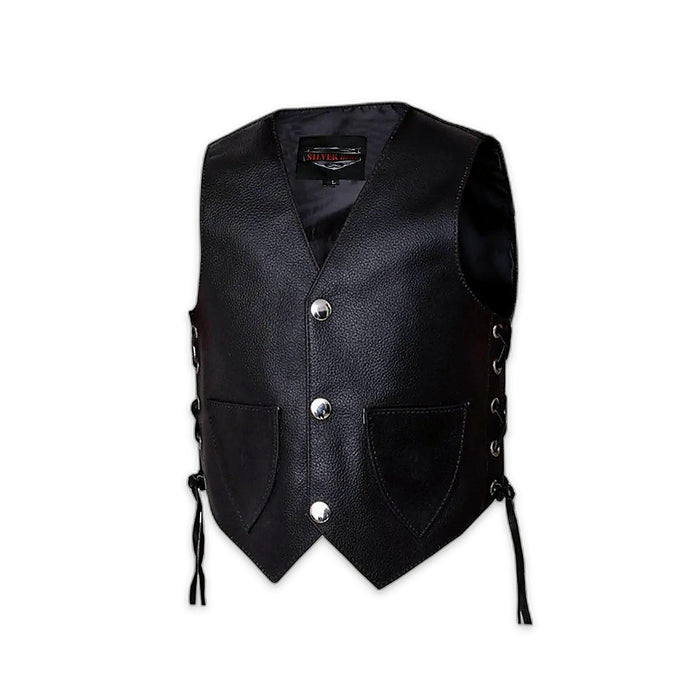 Kids black side-lace leather motorcycle vest