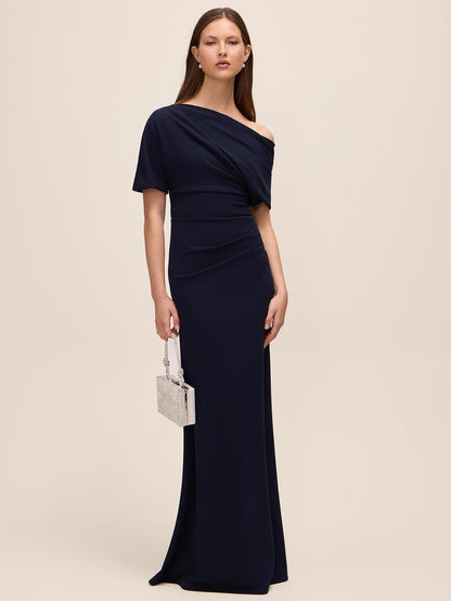 Dark Sapphire Knit Crepe Gown with Asymmetrical Neckline - Woman Wearing Evening Dress with Pleat Detail - Le Chateau