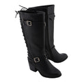 Ladies Back End Laced Boot: Description
Ladies calf lace boot with buckles for adjustment and a snakeskin patter under the la