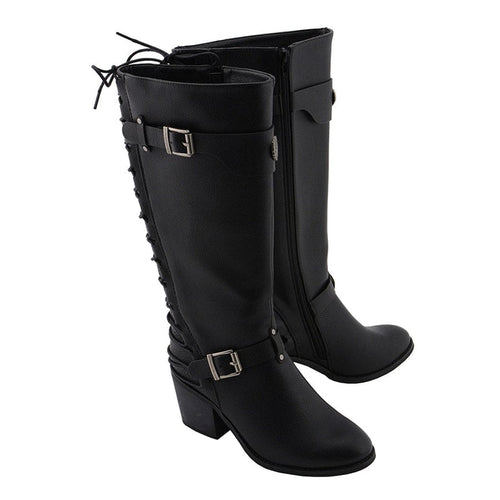 Ladies Back End Laced Boot: Description
Ladies calf lace boot with buckles for adjustment and a snakeskin patter under the la