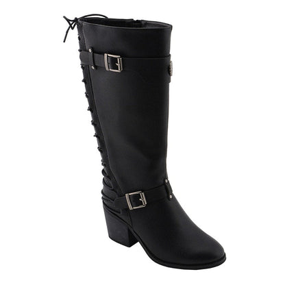 Ladies Back End Laced Boot: Description
Ladies calf lace boot with buckles for adjustment and a snakeskin patter under the la