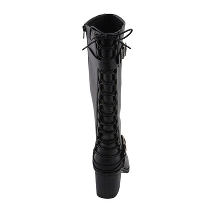 Ladies Back End Laced Boot: Description
Ladies calf lace boot with buckles for adjustment and a snakeskin patter under the la