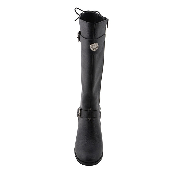 Ladies Back End Laced Boot: Description
Ladies calf lace boot with buckles for adjustment and a snakeskin patter under the la