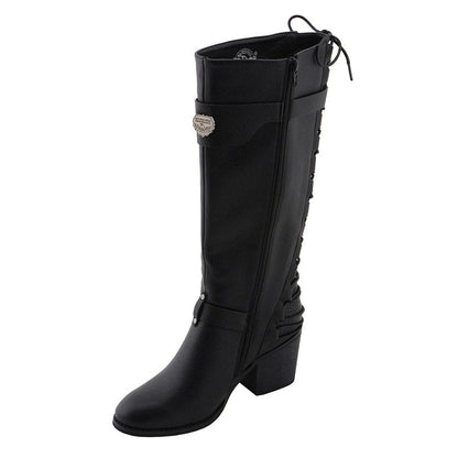 Ladies Back End Laced Boot: Description
Ladies calf lace boot with buckles for adjustment and a snakeskin patter under the la