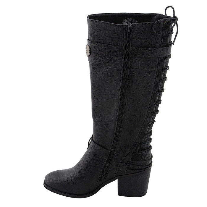 Ladies Back End Laced Boot: Description
Ladies calf lace boot with buckles for adjustment and a snakeskin patter under the la
