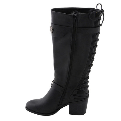 Ladies Back End Laced Boot: Description
Ladies calf lace boot with buckles for adjustment and a snakeskin patter under the la