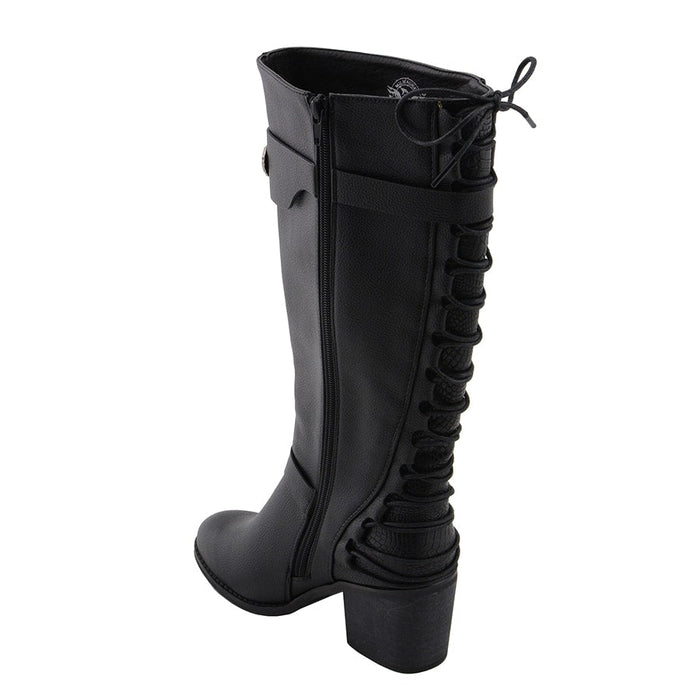 Ladies Back End Laced Boot: Description
Ladies calf lace boot with buckles for adjustment and a snakeskin patter under the la