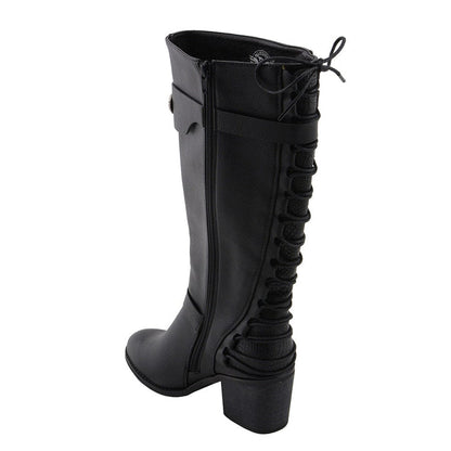 Ladies Back End Laced Boot: Description
Ladies calf lace boot with buckles for adjustment and a snakeskin patter under the la