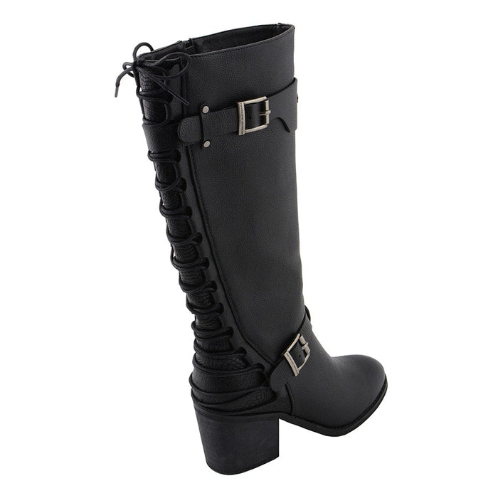 Ladies Back End Laced Boot: Description
Ladies calf lace boot with buckles for adjustment and a snakeskin patter under the la