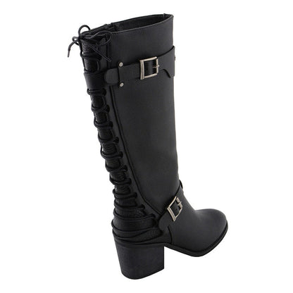 Ladies Back End Laced Boot: Description
Ladies calf lace boot with buckles for adjustment and a snakeskin patter under the la
