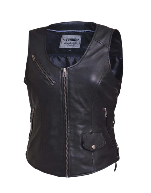 Ladies CC Lambskin Vest: Features:

Ladies PREMIUM Zippered vest in soft
lightweight leather
4 exterior &amp; 2 interior pock