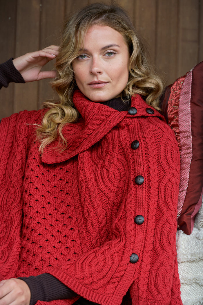 Ladies Merino Button Poncho - Natural White #color_red-marl