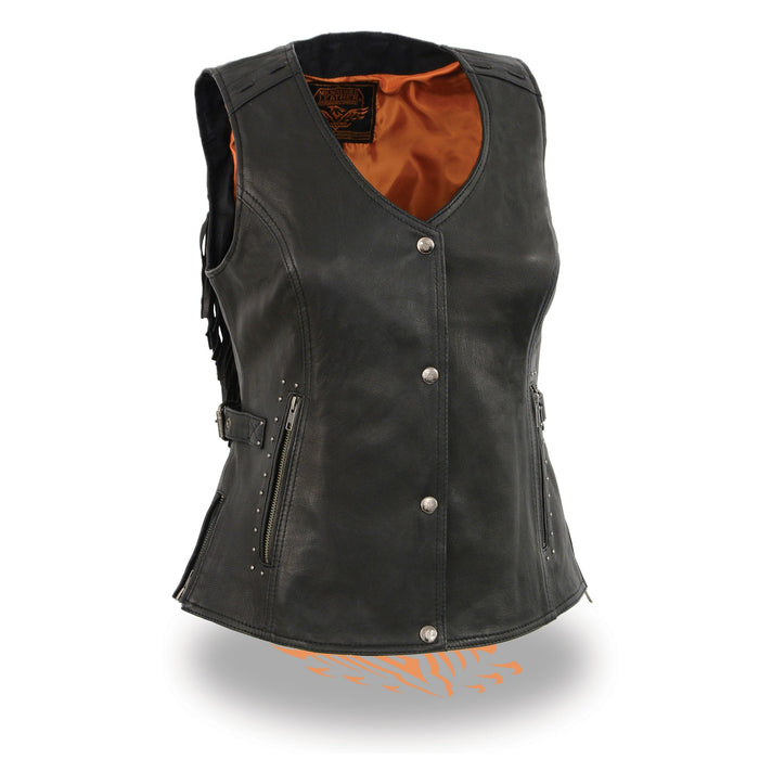 Ladies Studded Back Fringe Vest: Features:

1