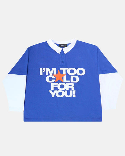 LAX LONGSLEEVE POLO INTENSE BLUE - blue and white longsleeve polo shirt, front view - Cold Culture