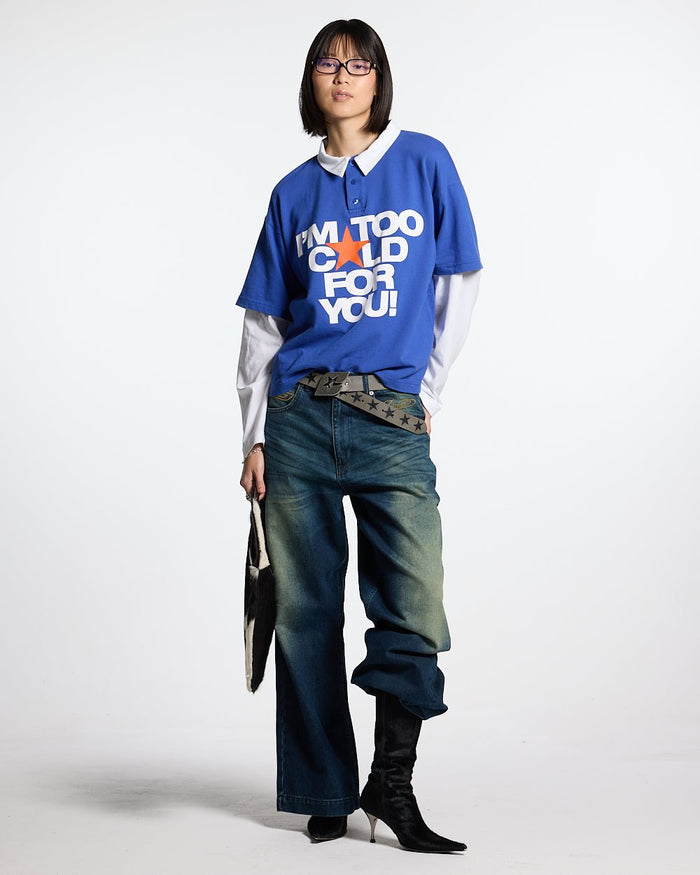 LAX LONGSLEEVE POLO INTENSE BLUE - blue and white longsleeve polo shirt, front view on female model - Cold Culture #woman