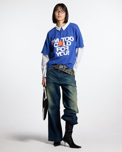 LAX LONGSLEEVE POLO INTENSE BLUE - blue and white longsleeve polo shirt, front view on female model - Cold Culture #woman