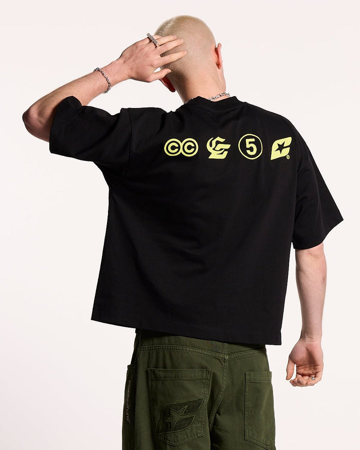 LET'S BOUNCE TEE BLACK - black graphic print tee, back view on male model - Cold Culture #man