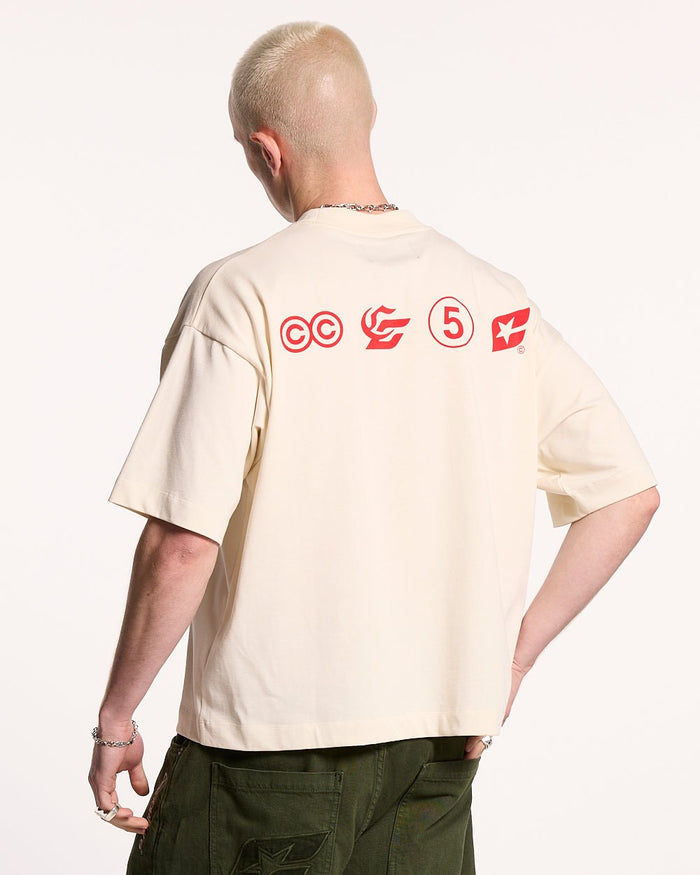 LET'S BOUNCE TEE WHITE - white graphic print tee, back view on male model - Cold Culture #man