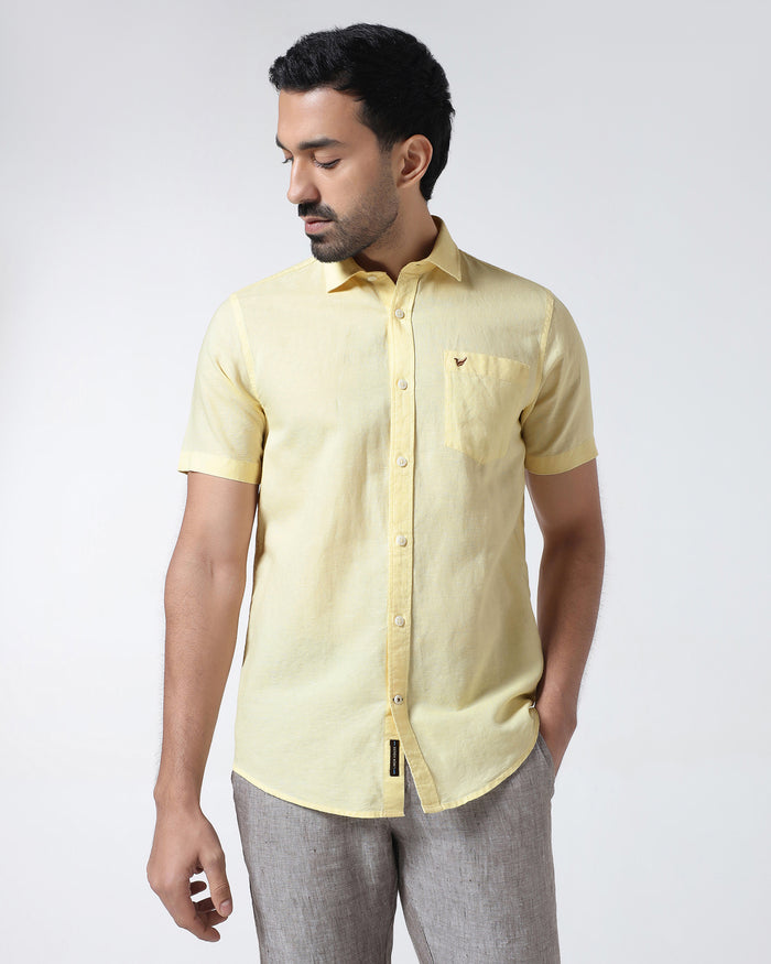 Light Yellow Half Sleeve Linen Solid Shirt - Cleo
