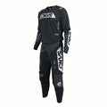 Black motocross suit with white branding on a white background