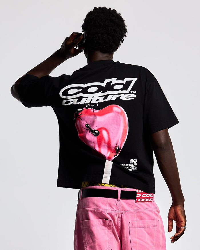 LOLLIPOP TEE BLACK - black graphic print tee, back view on male model - Cold Culture #man