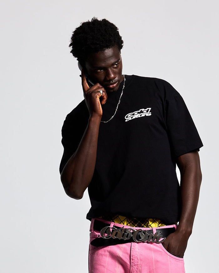 LOLLIPOP TEE BLACK - black graphic print tee, front view on male model - Cold Culture #man