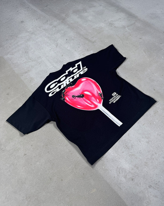 LOLLIPOP TEE BLACK - black graphic print tee, flat lay - Cold Culture