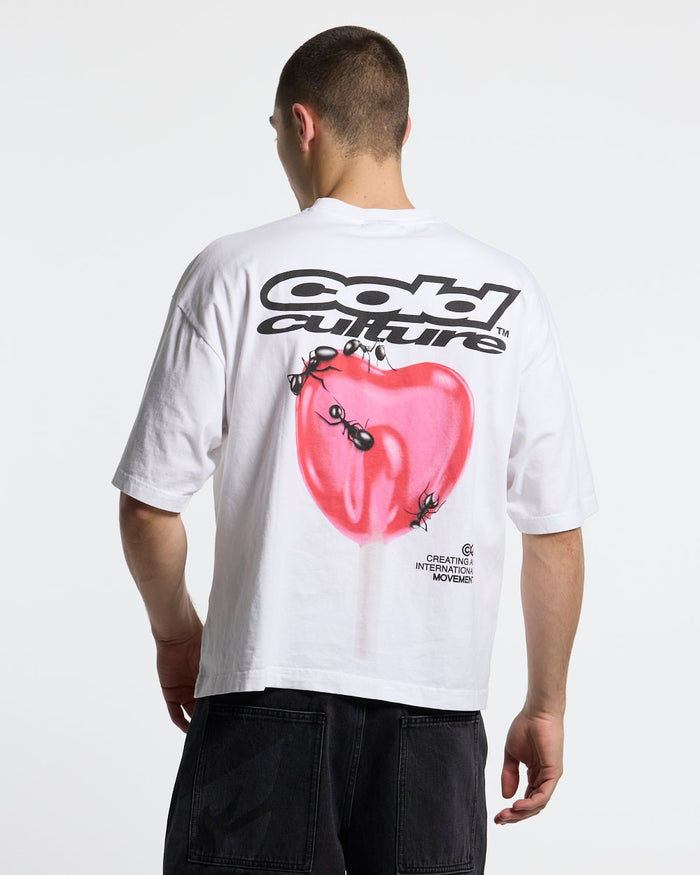 LOLLIPOP TEE WHITE - white oversized graphic tee, back view on male model - Cold Culture #man
