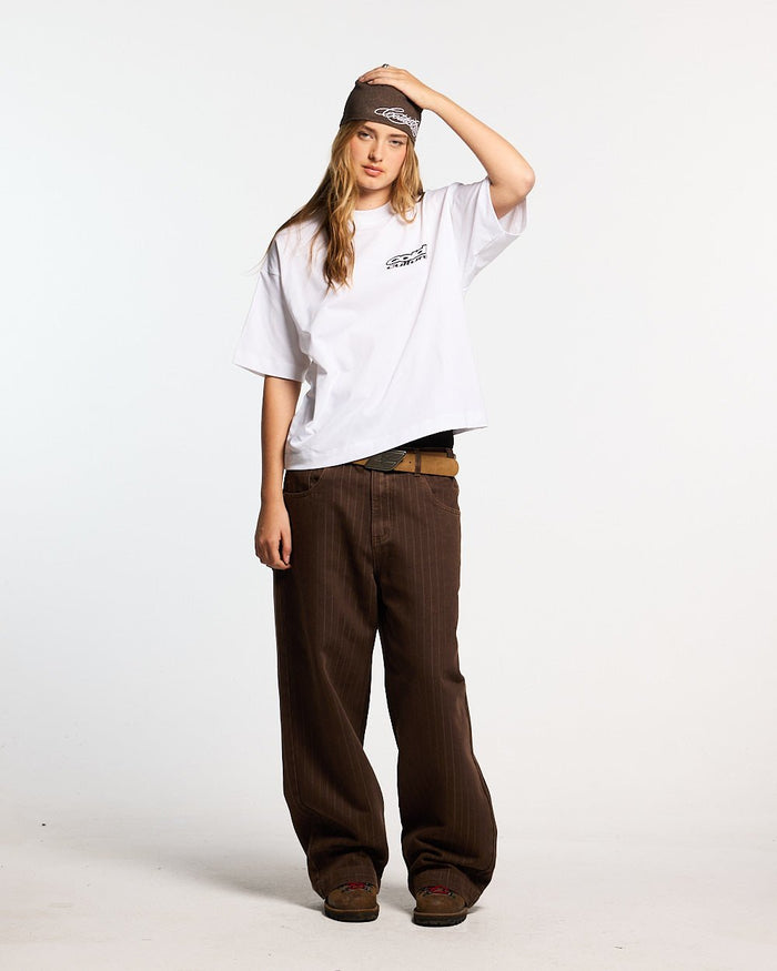 LOLLIPOP TEE WHITE - white oversized graphic tee, front view on female model - Cold Culture #woman