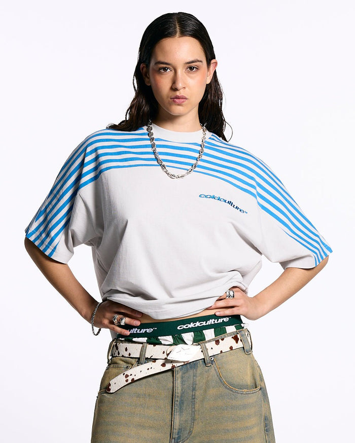 LOLLY HALF STRIPES TEE GREY AND BLUE - COLD CULTURE #woman