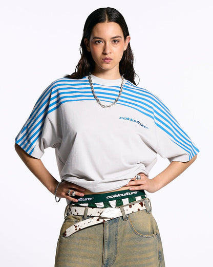 LOLLY HALF STRIPES TEE GREY AND BLUE - COLD CULTURE #woman