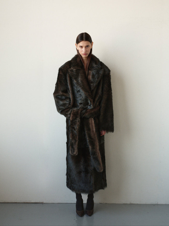 LONG SHEARLING COAT IN DARK BROWN