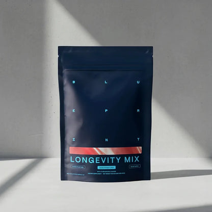 Dark blue package labeled 'Longevity Mix' on a light gray background