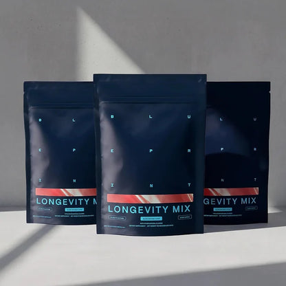 Three pouches of Blueprint Longevity Mix, the daily foundational longevity drink