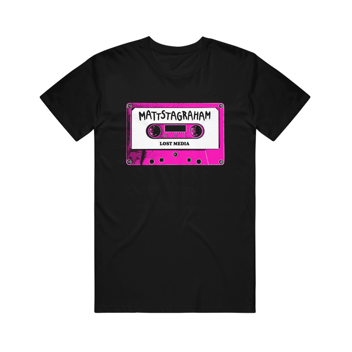 Relax in vintage style with this black Mattstagraham T-shirt, featuring a pink cassette tape graphic labeled "MATTSTAGRAHAM" and "LOST MEDIA" in bold white and black text. Crafted from 100% U.S. cotton, this classic American Apparel tee offers a laid-back fit with retro flair.