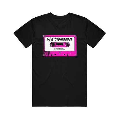 Relax in vintage style with this black Mattstagraham T-shirt, featuring a pink cassette tape graphic labeled "MATTSTAGRAHAM" and "LOST MEDIA" in bold white and black text. Crafted from 100% U.S. cotton, this classic American Apparel tee offers a laid-back fit with retro flair.