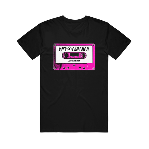Relax in vintage style with this black Mattstagraham T-shirt, featuring a pink cassette tape graphic labeled "MATTSTAGRAHAM" and "LOST MEDIA" in bold white and black text. Crafted from 100% U.S. cotton, this classic American Apparel tee offers a laid-back fit with retro flair.