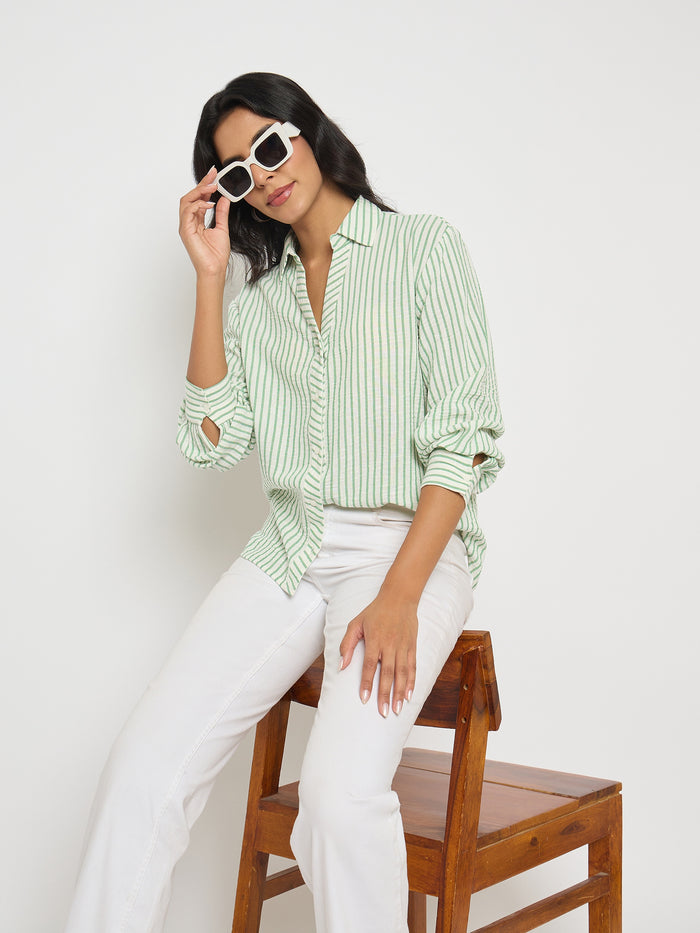 Madame Textured Green Striped Shirt